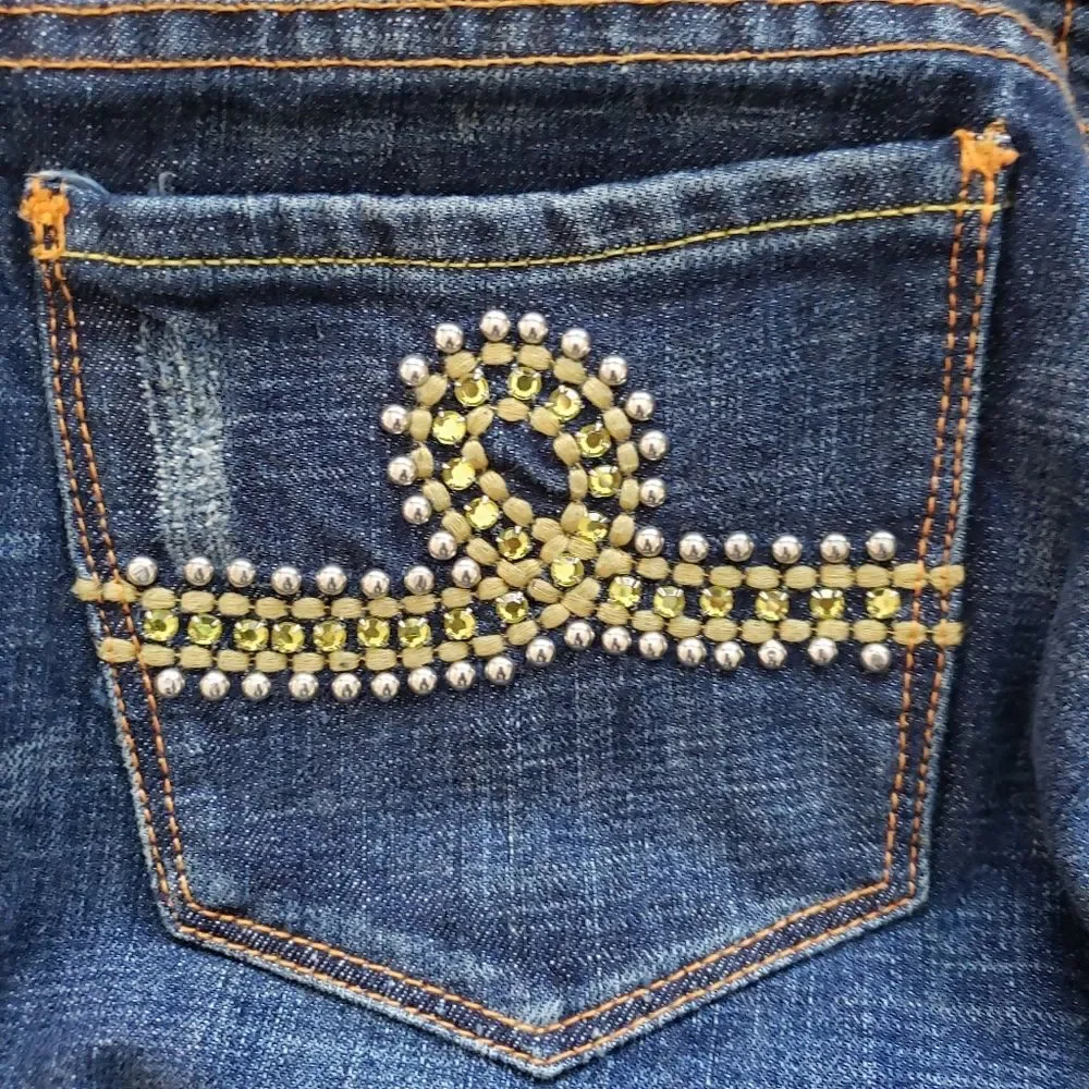 7 For All Mankind Embellished Rhinestone Distressed Regular Bootcut Denim Jeans